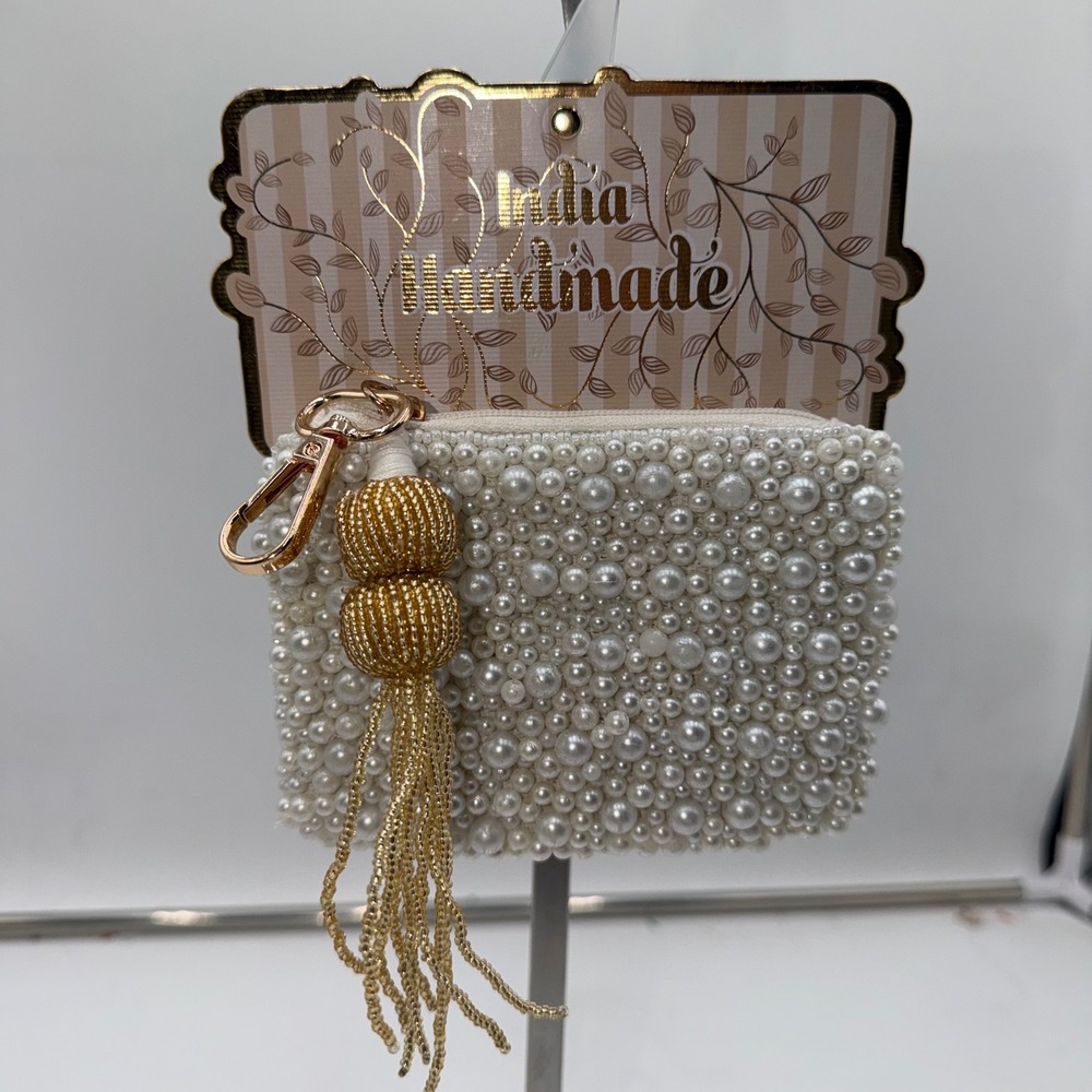 India Handmade White Faux Pearl Beaded Pouch Gold Tassel Keyring